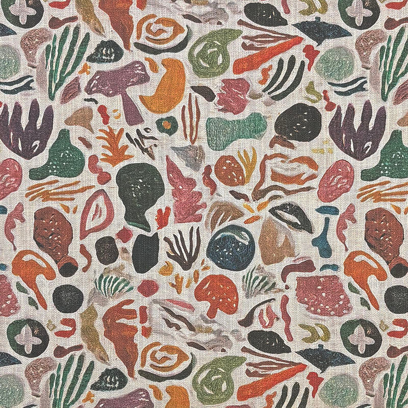 Fauve No.21 light multicoloured abstract upholstery fabric with green, rust orange, ochre and teal painterly scattered shapes
