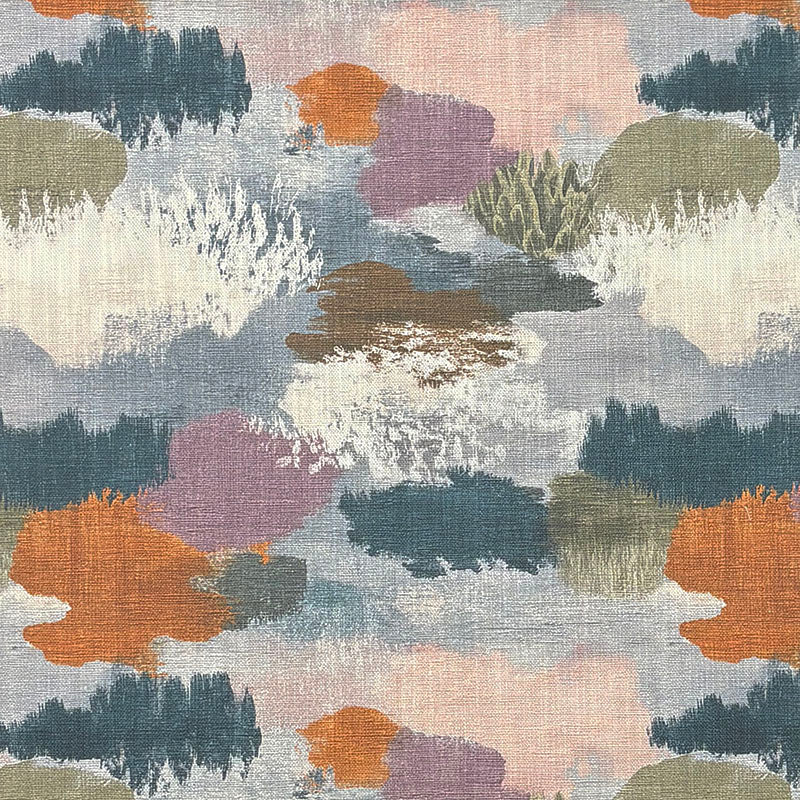 Fauve No.2 multicoloured abstract upholstery fabric with teal blue, orange, olive green and muted pink painterly brush marks