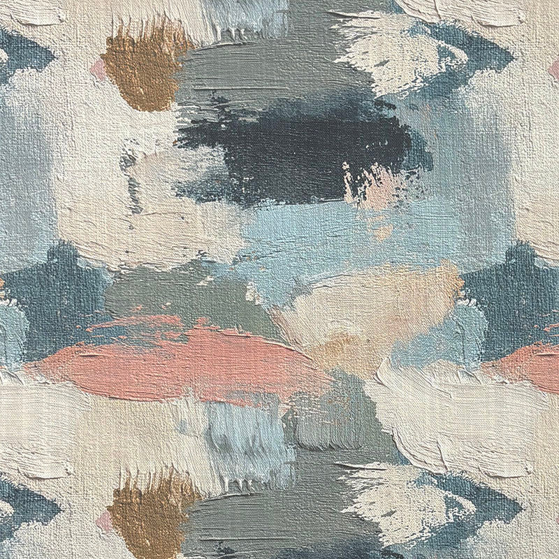 Fauve No.3 blue and pink abstract upholstery fabric with teal, slate, coral and ochre painterly brush marks