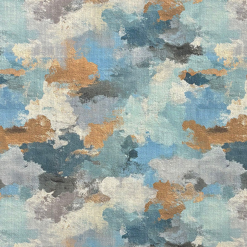 Fauve No.4 blue and orange abstract upholstery fabric with aqua, ochre, grey and cream painterly brush marks