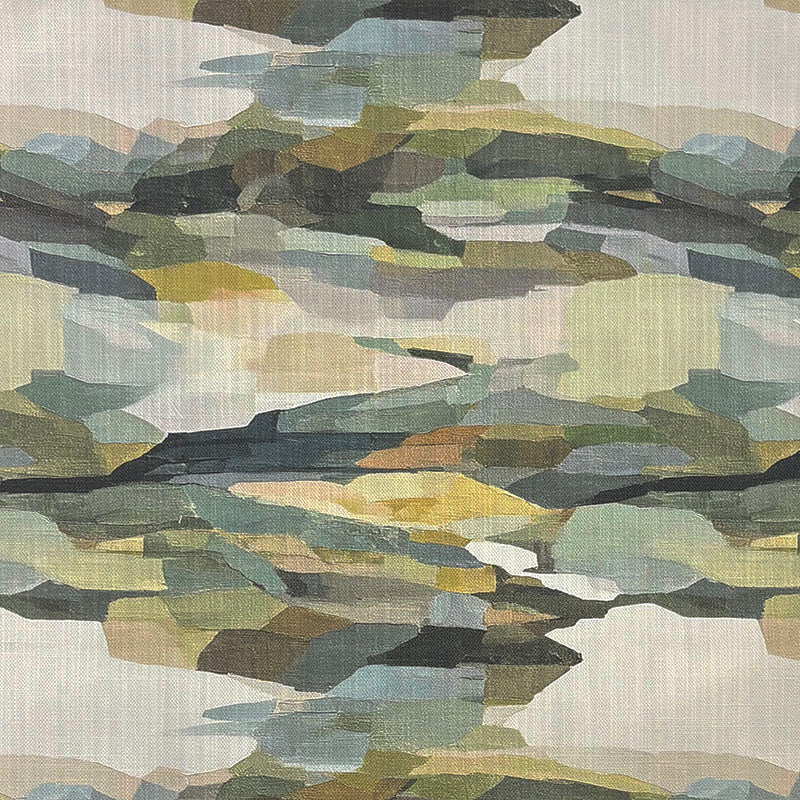 Fauve No.8 muted green and blue abstract upholstery fabric with layered ochre, moss and mineral landscape brush marks