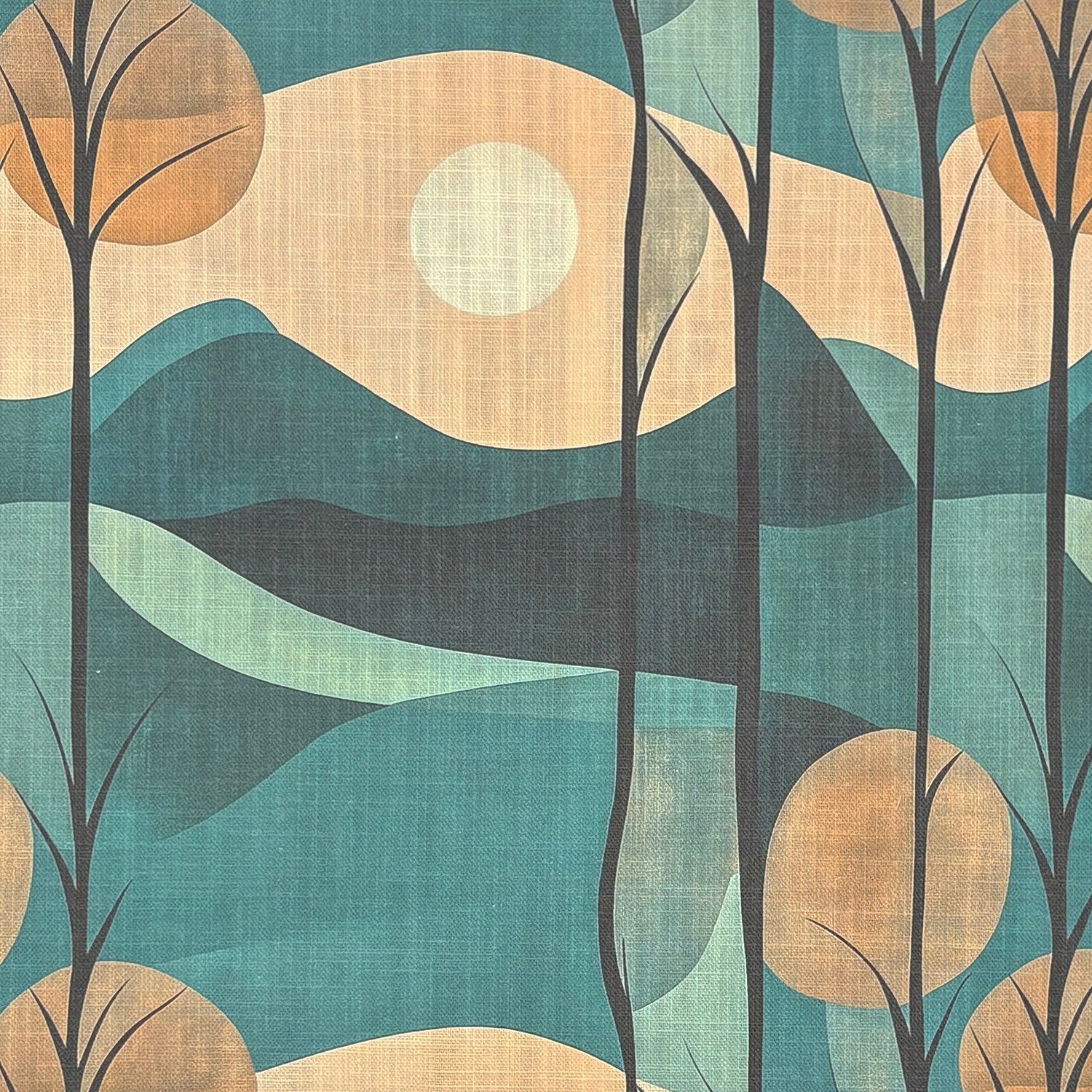 Figueres No.13 teal neutral woodland linen curtain fabric flat image
