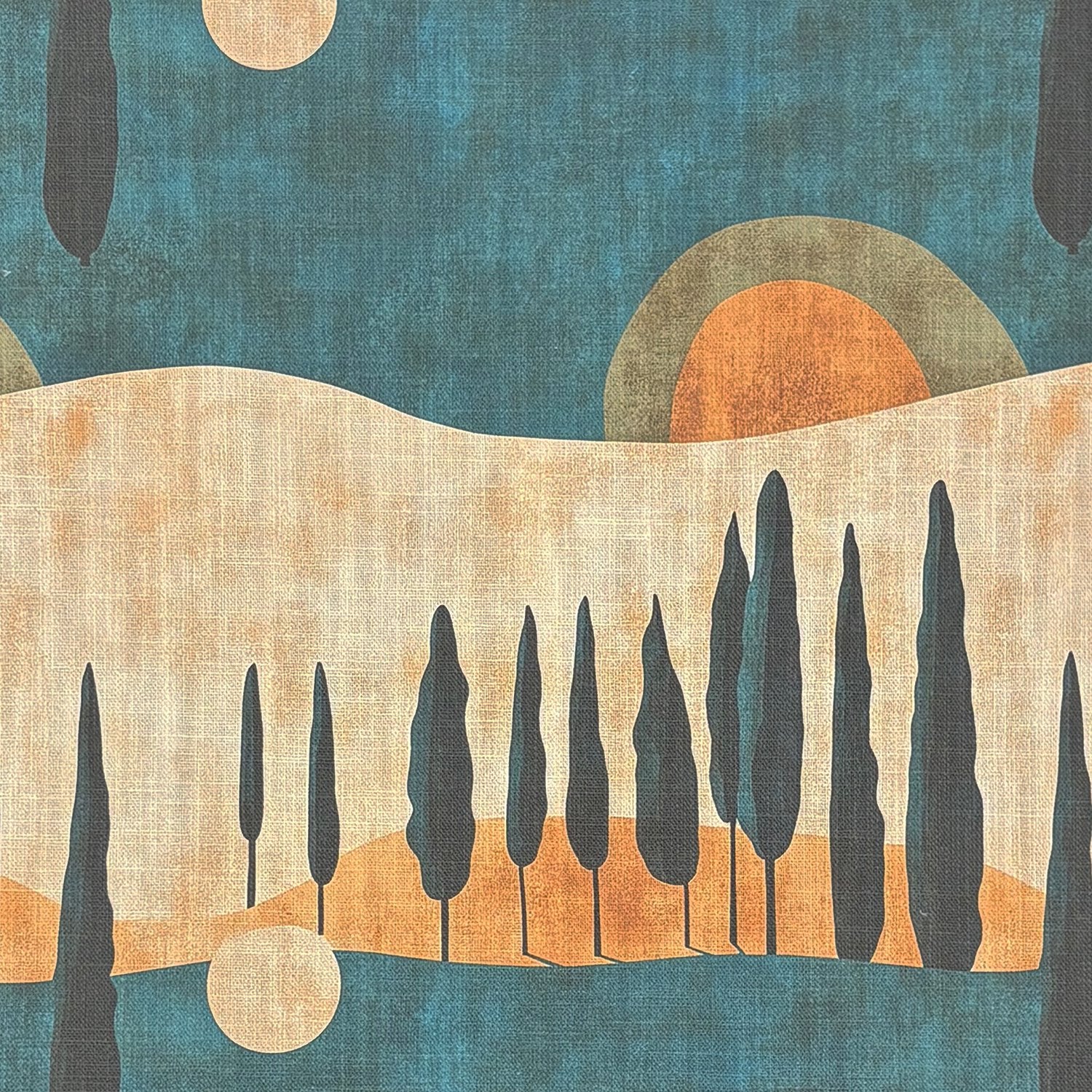 Figueres No.3 blue neutral scenic linen curtain fabric with cypress landscape flat image