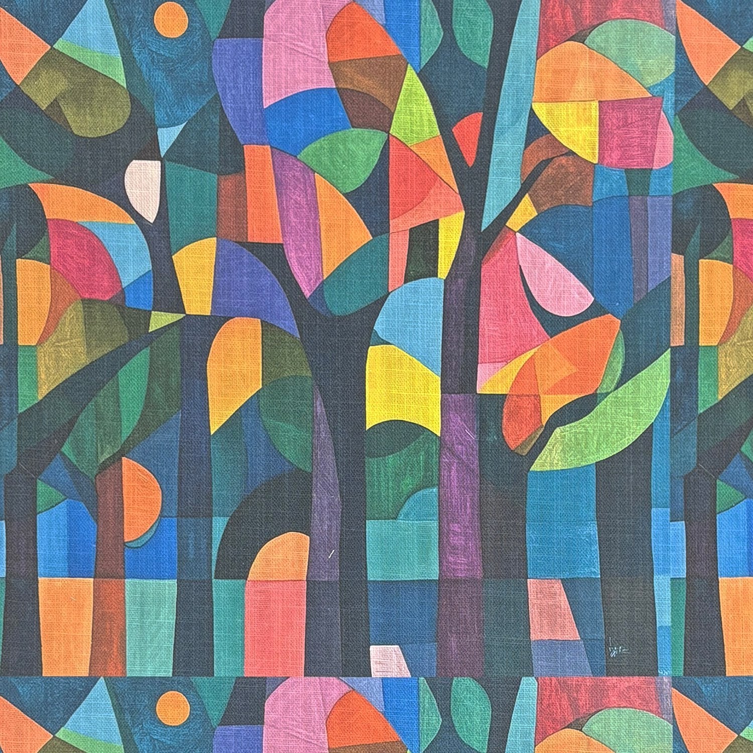 Figueres No.10 upholstery fabric swatch featuring abstract tree shapes in pink, purple, ochre, and blue