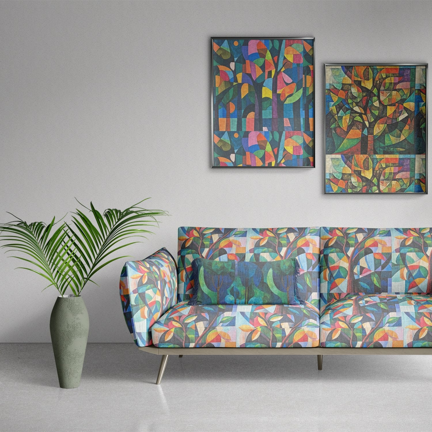 Sofa upholstered in Figueres No.11 multicoloured upholstery fabric in an abstract tree design