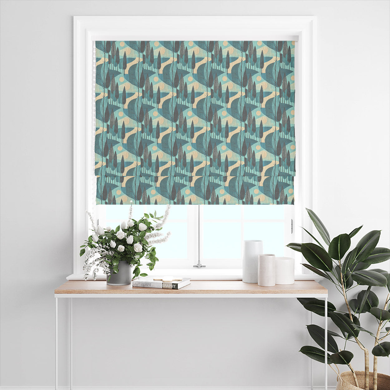 Figueres No.12 teal blue linen curtain fabric shown as a Roman blind