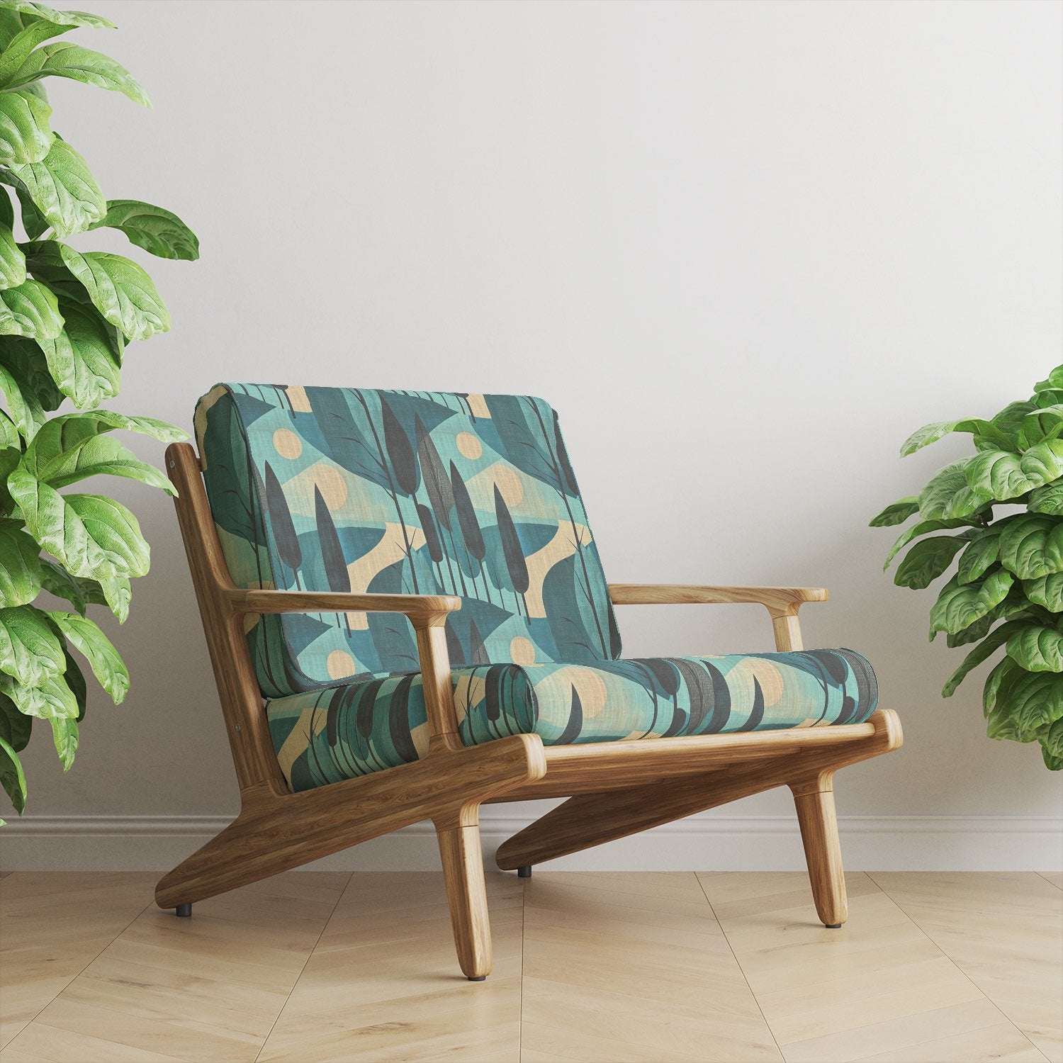 Armchair upholstered in Figueres No.12 green abstract upholstery fabric in a minimalist interior