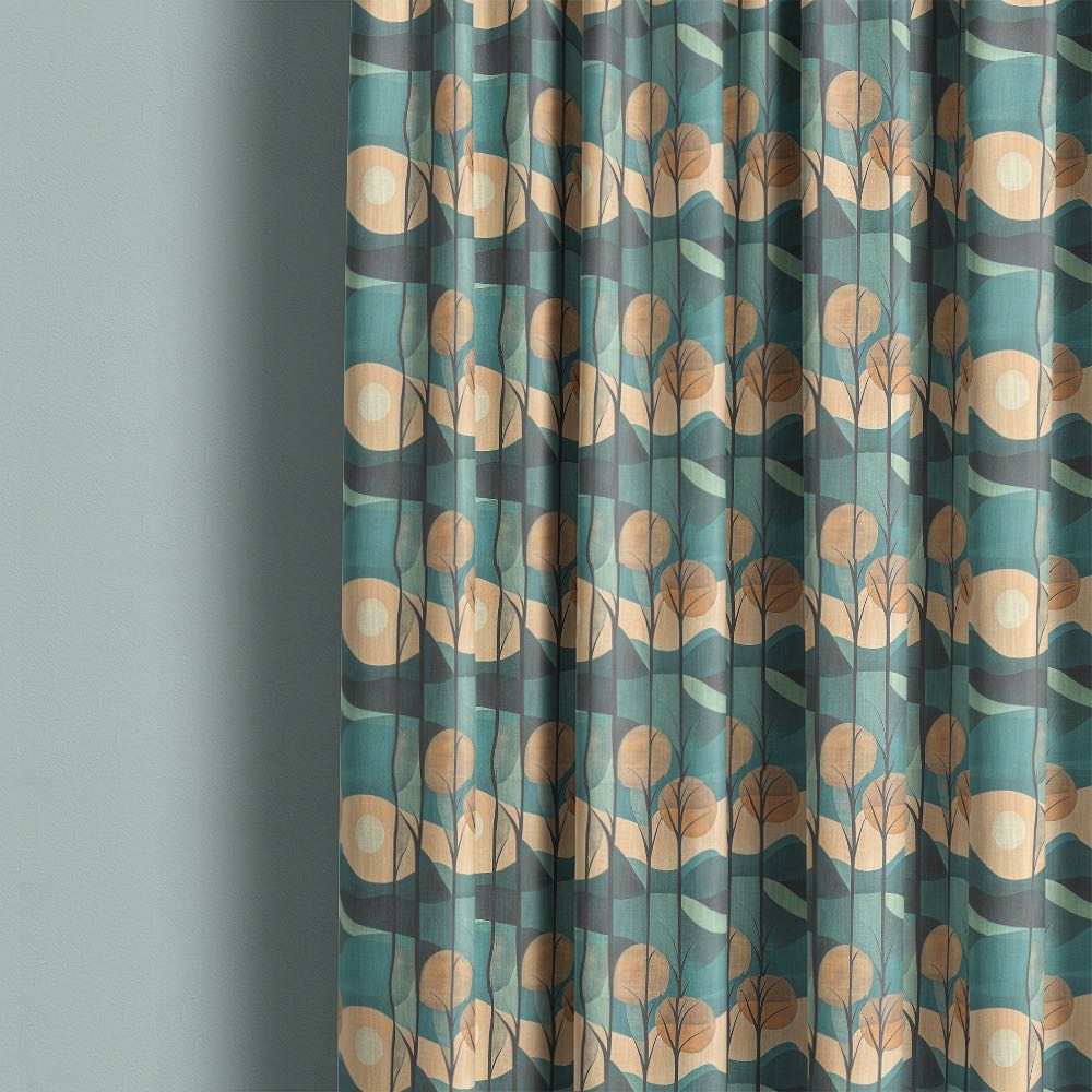 Figueres No.13 teal neutral linen curtain fabric made into curtains