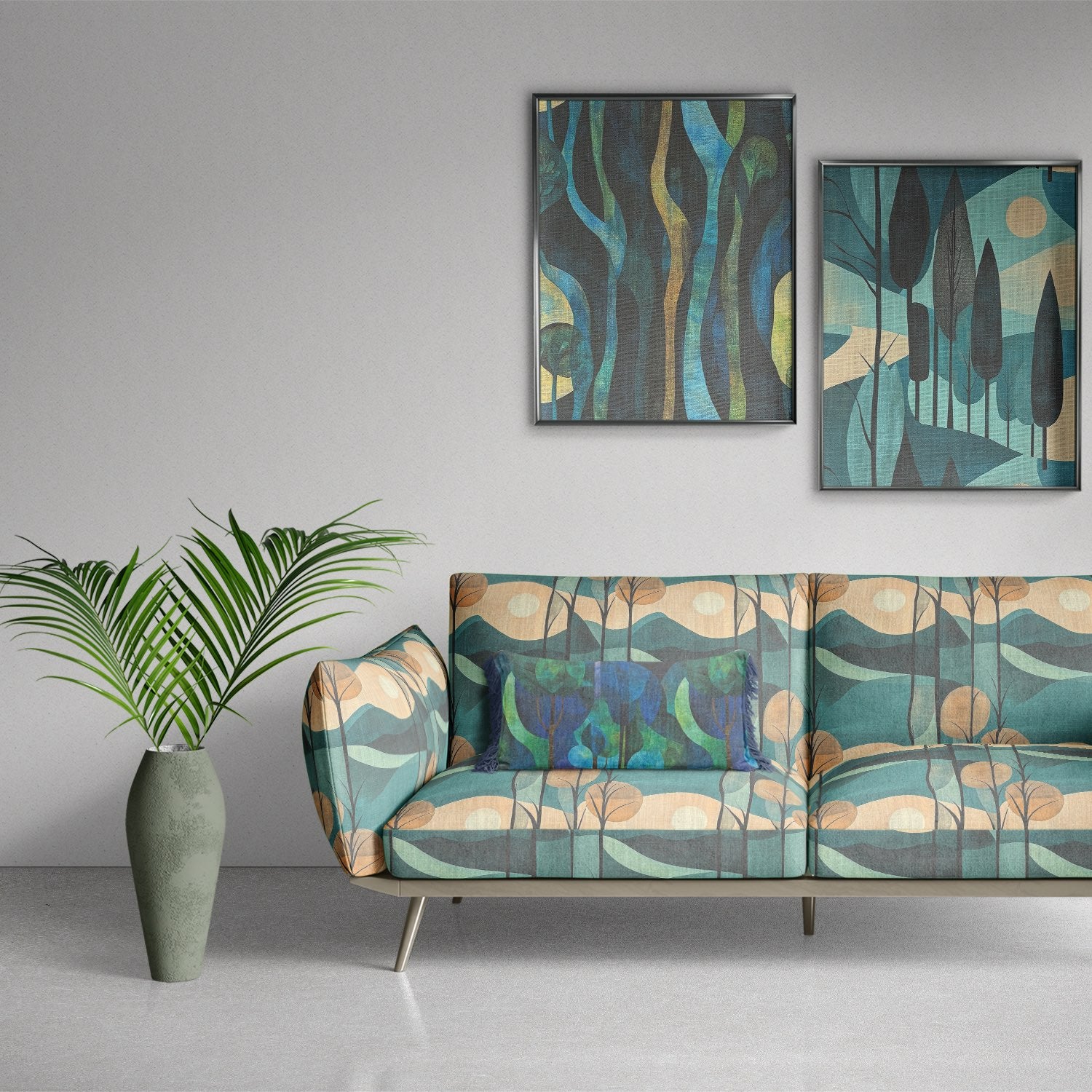 Figueres No.13 upholstery fabric styled in artful living room
