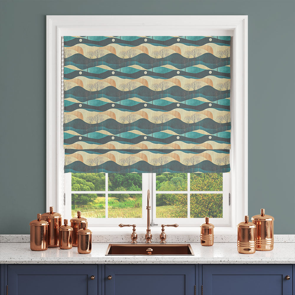 Figueres No.14 teal neutral linen curtain fabric shown as a Roman blind