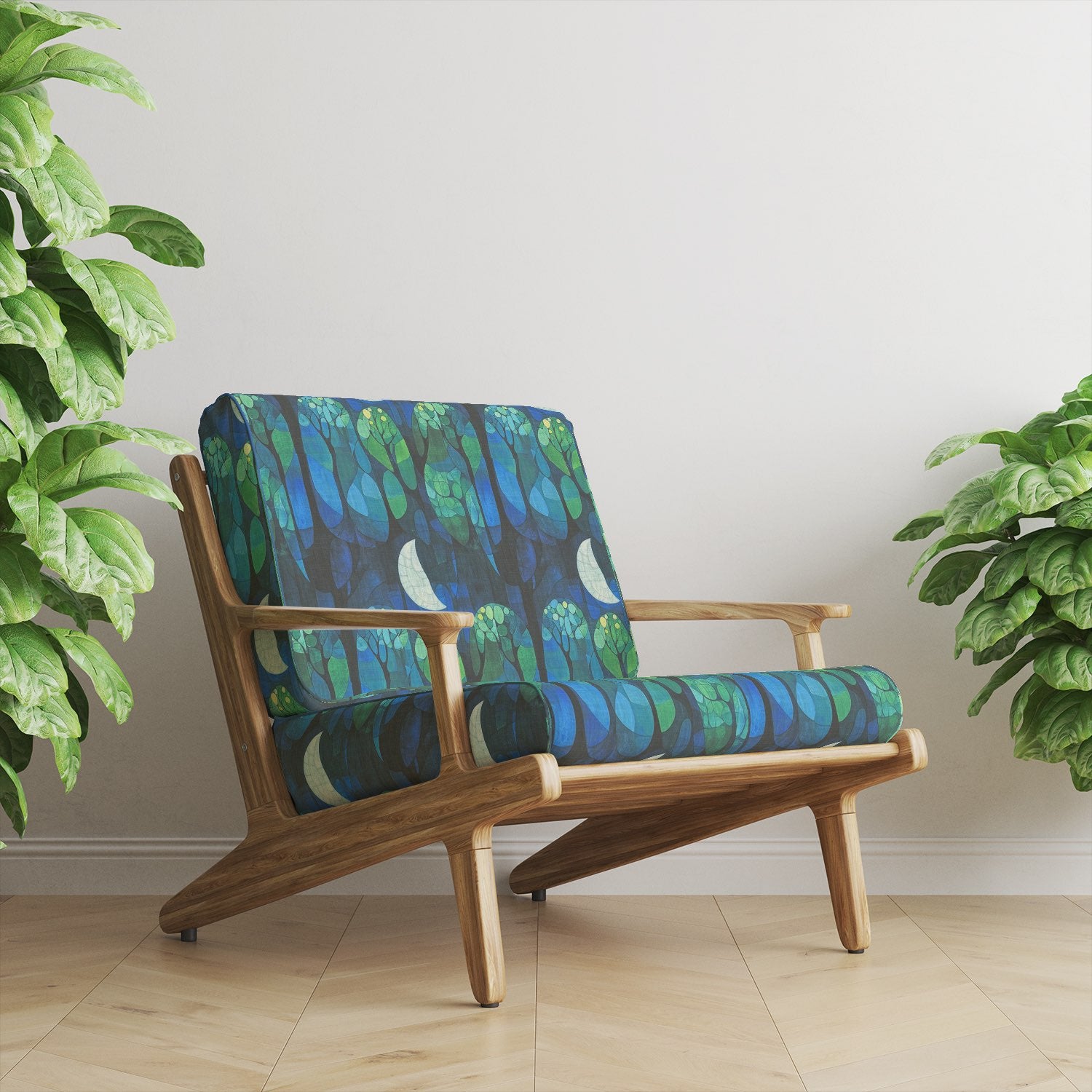 Chair upholstered in Figueres No.15 – blue and green expressionist upholstery fabric