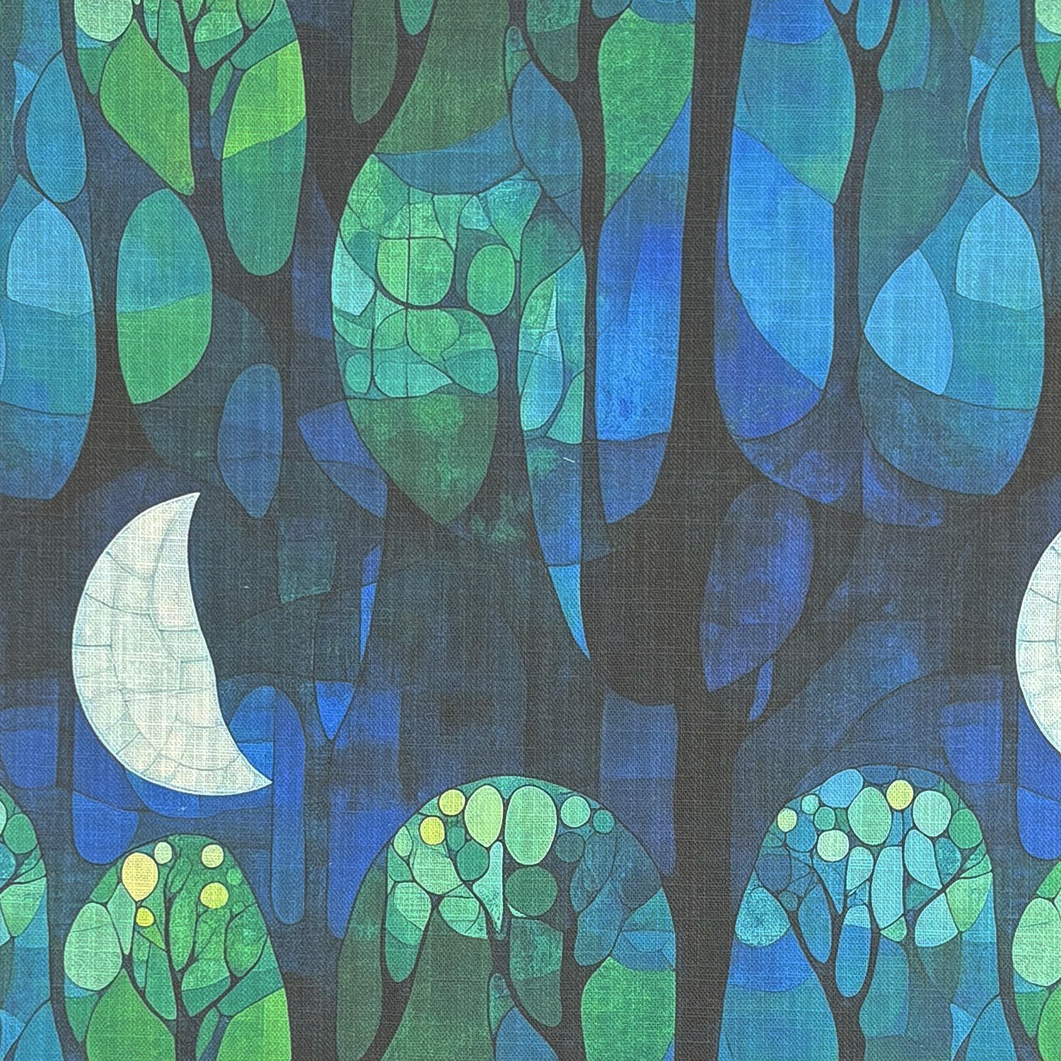 Flat lay of Figueres No.15 – abstract moonlit woodland design on linen blend fabric