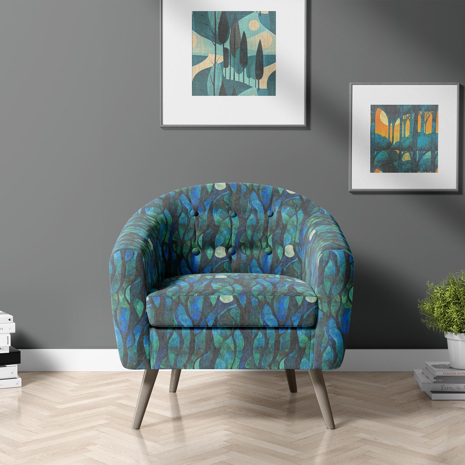 Armchair upholstered in Figueres No.16 upholstery fabric in a forest-inspired blue and green palette