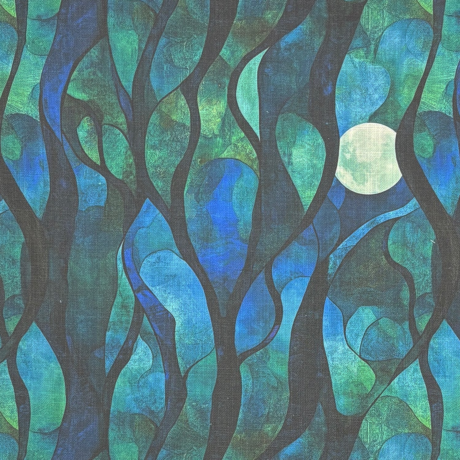Close-up of Figueres No.16 multicoloured upholstery fabric featuring abstract trees and moon