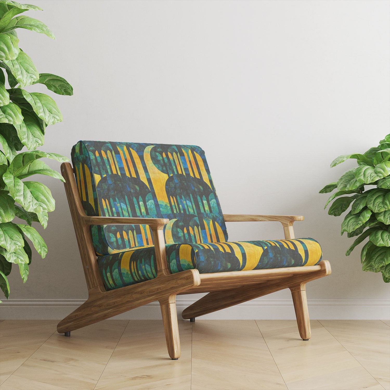 Chair upholstered in Figueres No.1 upholstery fabric – surreal architectural design in gold, teal, and navy tones