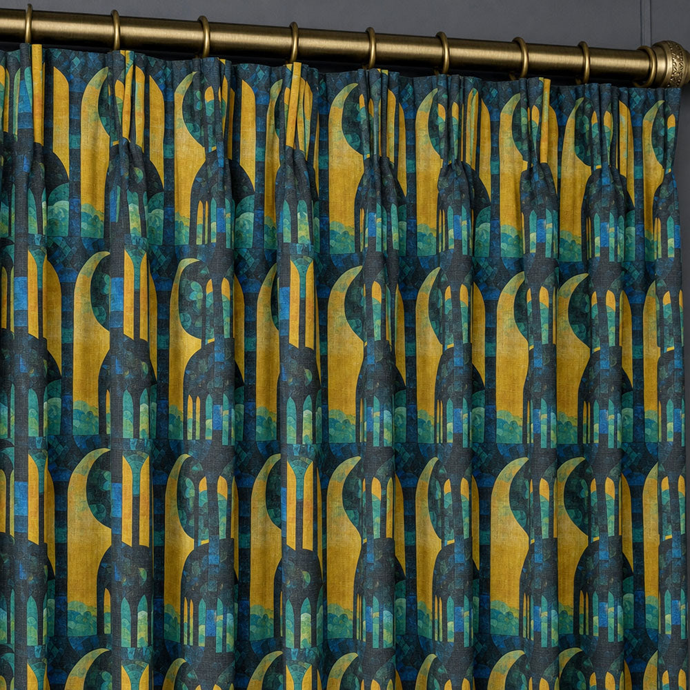 Figueres No.1 green linen curtain fabric made into full-length curtains