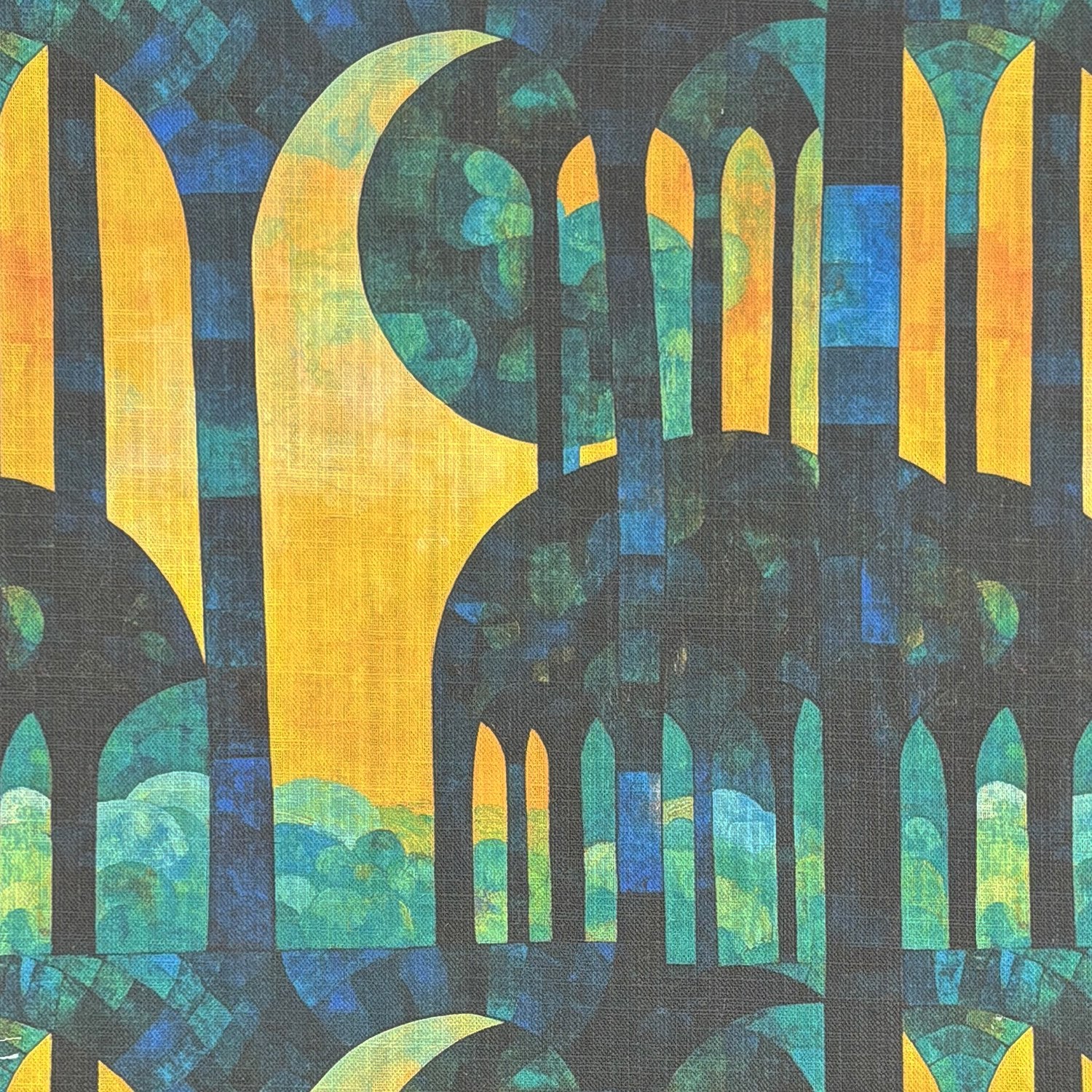 Chair upholstered in Figueres No.1 upholstery fabric – surreal architectural design in gold, teal, and navy tones