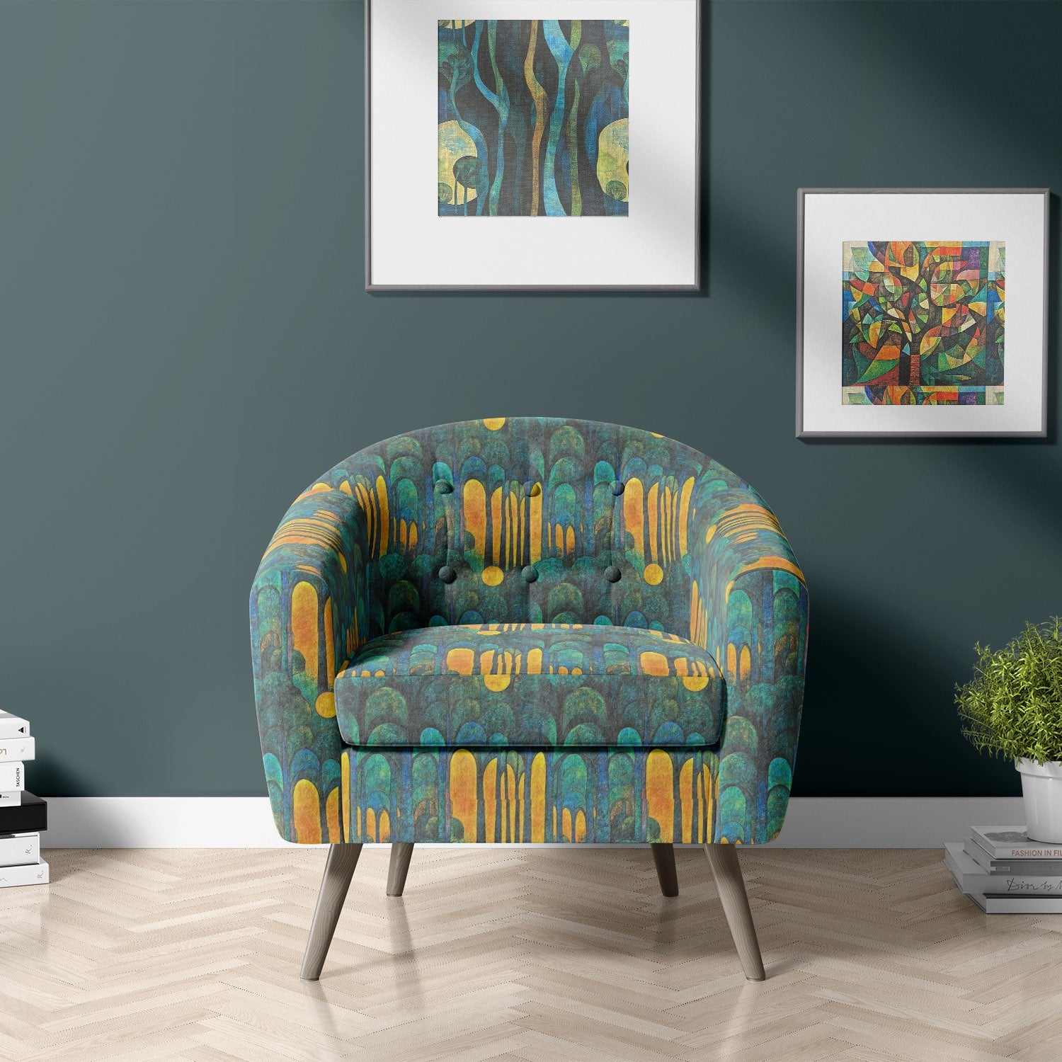 Chair upholstered in Figueres No.1 upholstery fabric – surreal architectural design in gold, teal, and navy tones