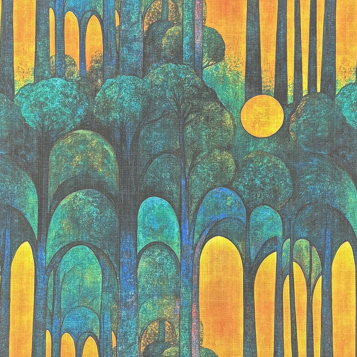 Close-up of Figueres No.2 upholstery fabric with arched trees and sun motif
