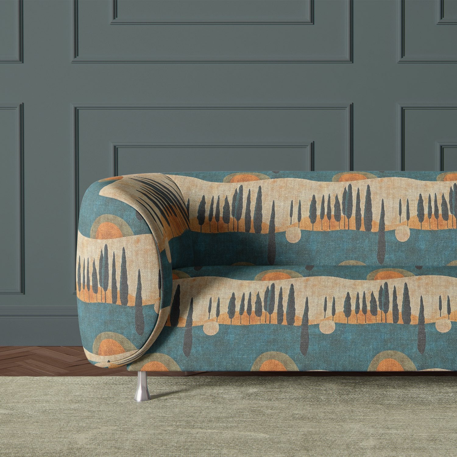 Mid-century sofa upholstered in Figueres No.3 upholstery fabric with cypress motif in ochre and teal