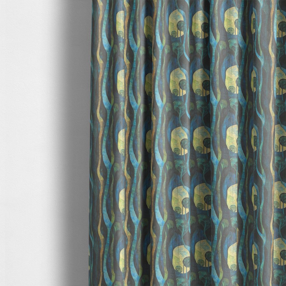 Figueres No.4 blue green linen curtain fabric made into curtains