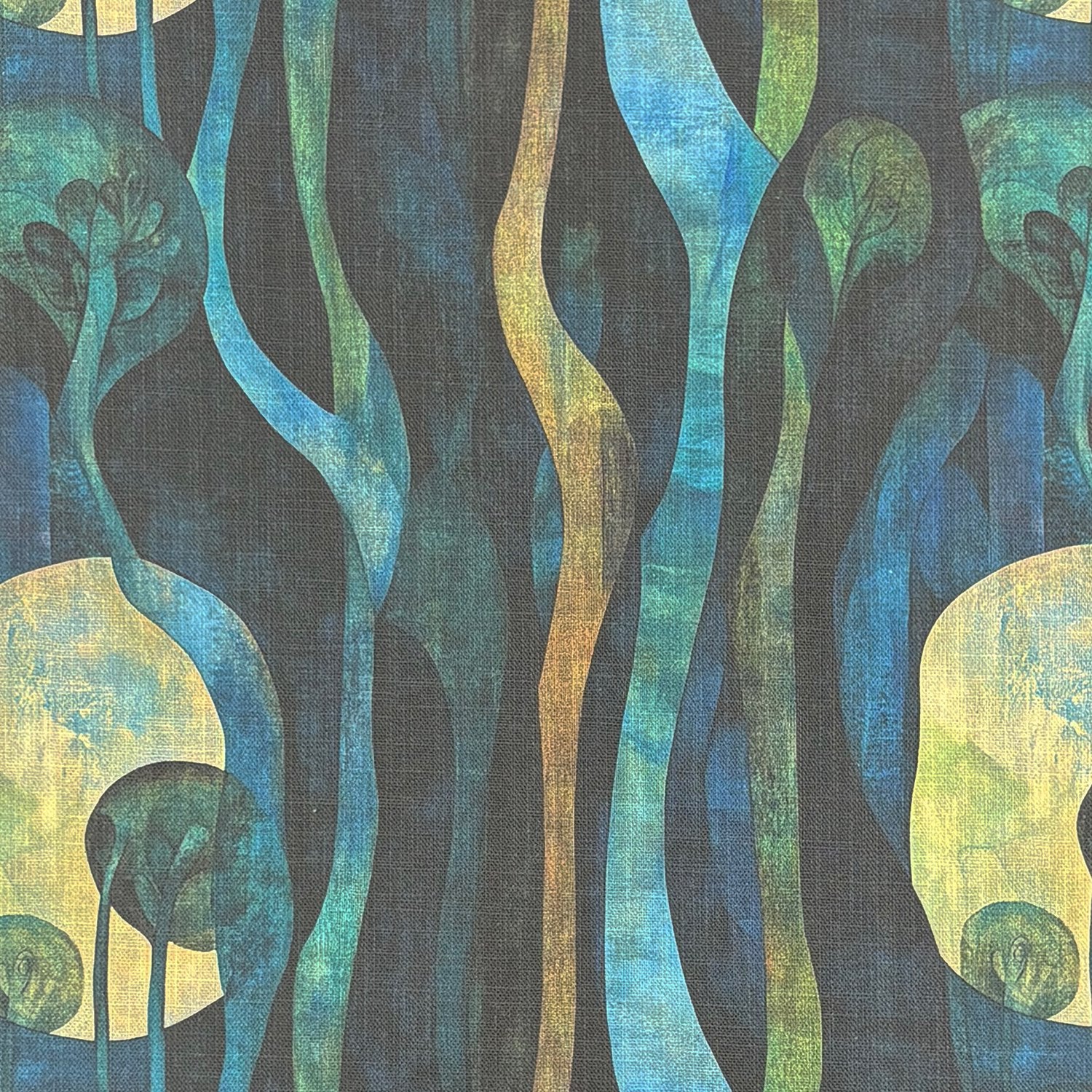Flat lay of Figueres No.4 surrealist tree pattern upholstery fabric in blue and gold