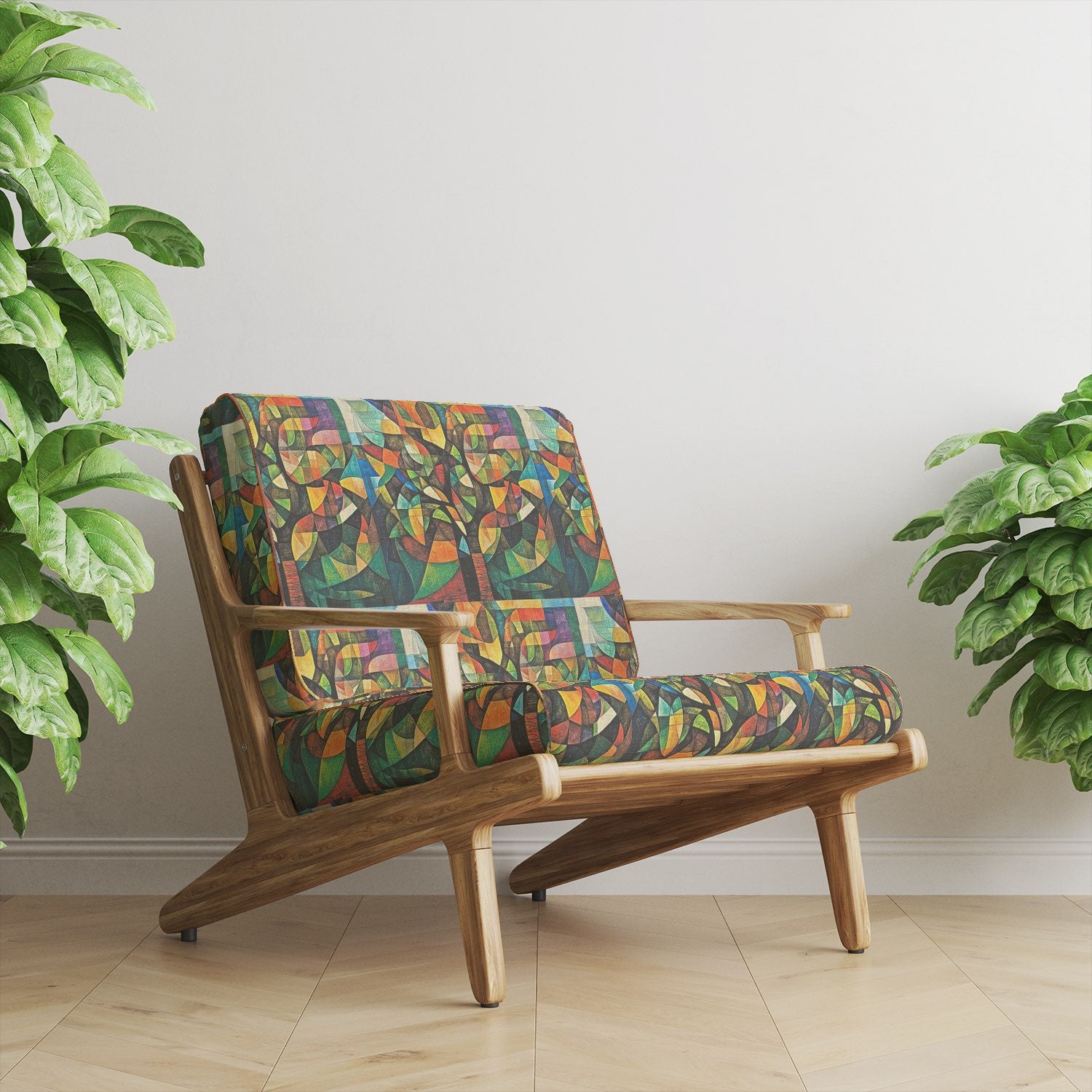 Upholstered armchair in Figueres No.5 multicoloured upholstery fabric with abstract tree design