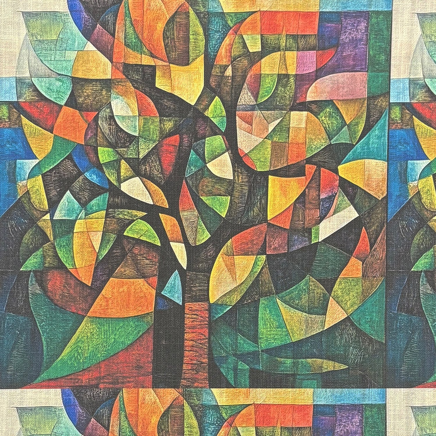 Close-up of Figueres No.5 abstract multicoloured tree upholstery fabric pattern