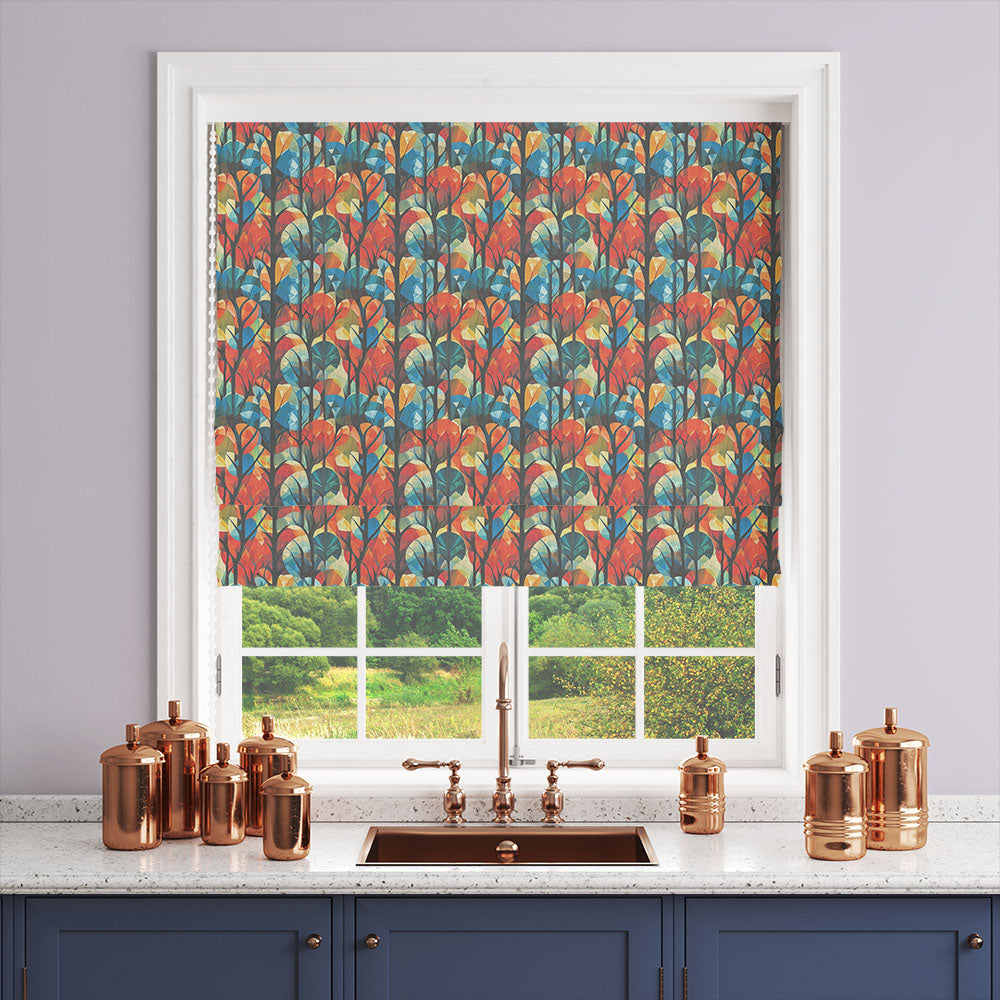 Figueres No.6 orange blue linen curtain fabric shown as a Roman blind