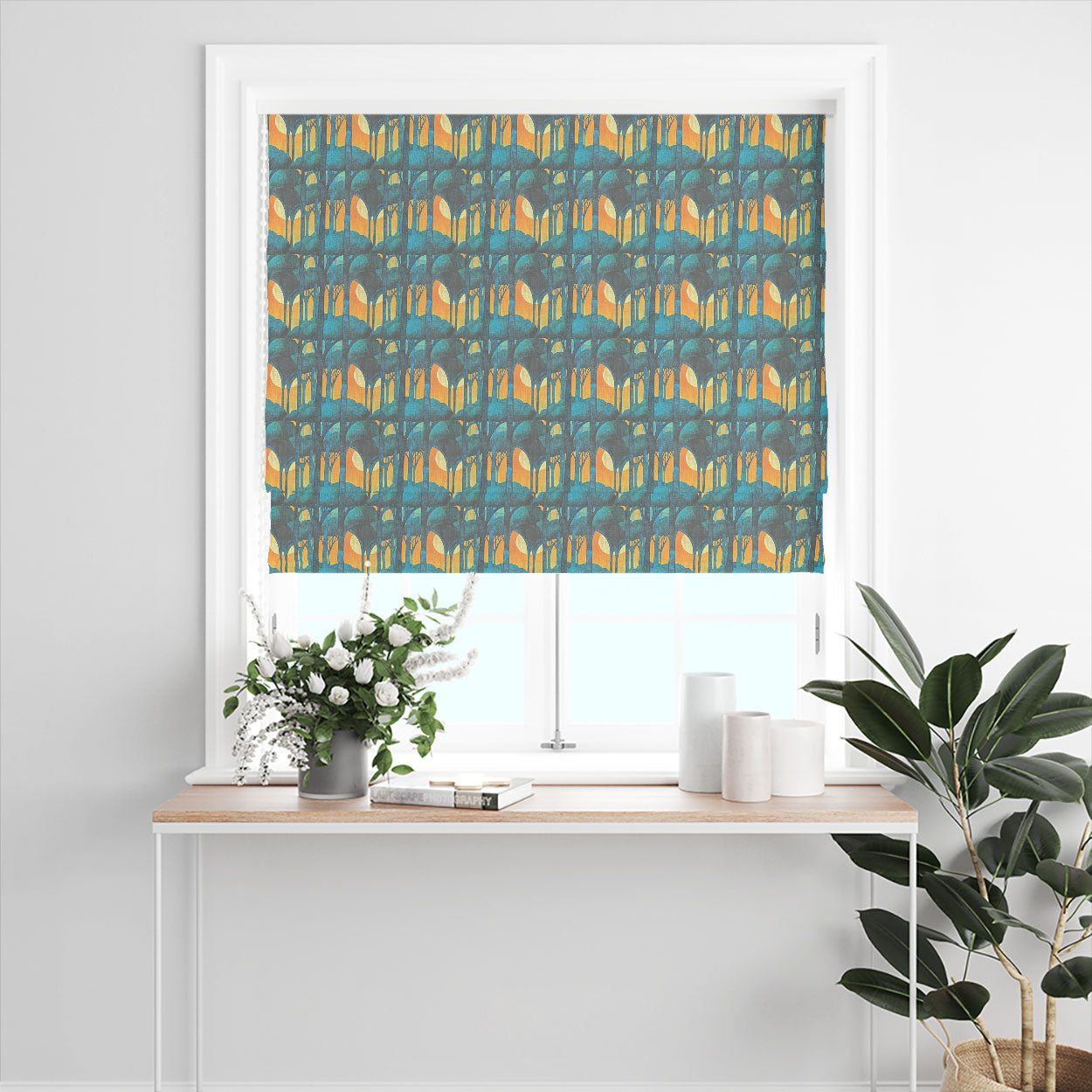 Figueres No.7 blue teal linen curtain fabric shown as a Roman blind