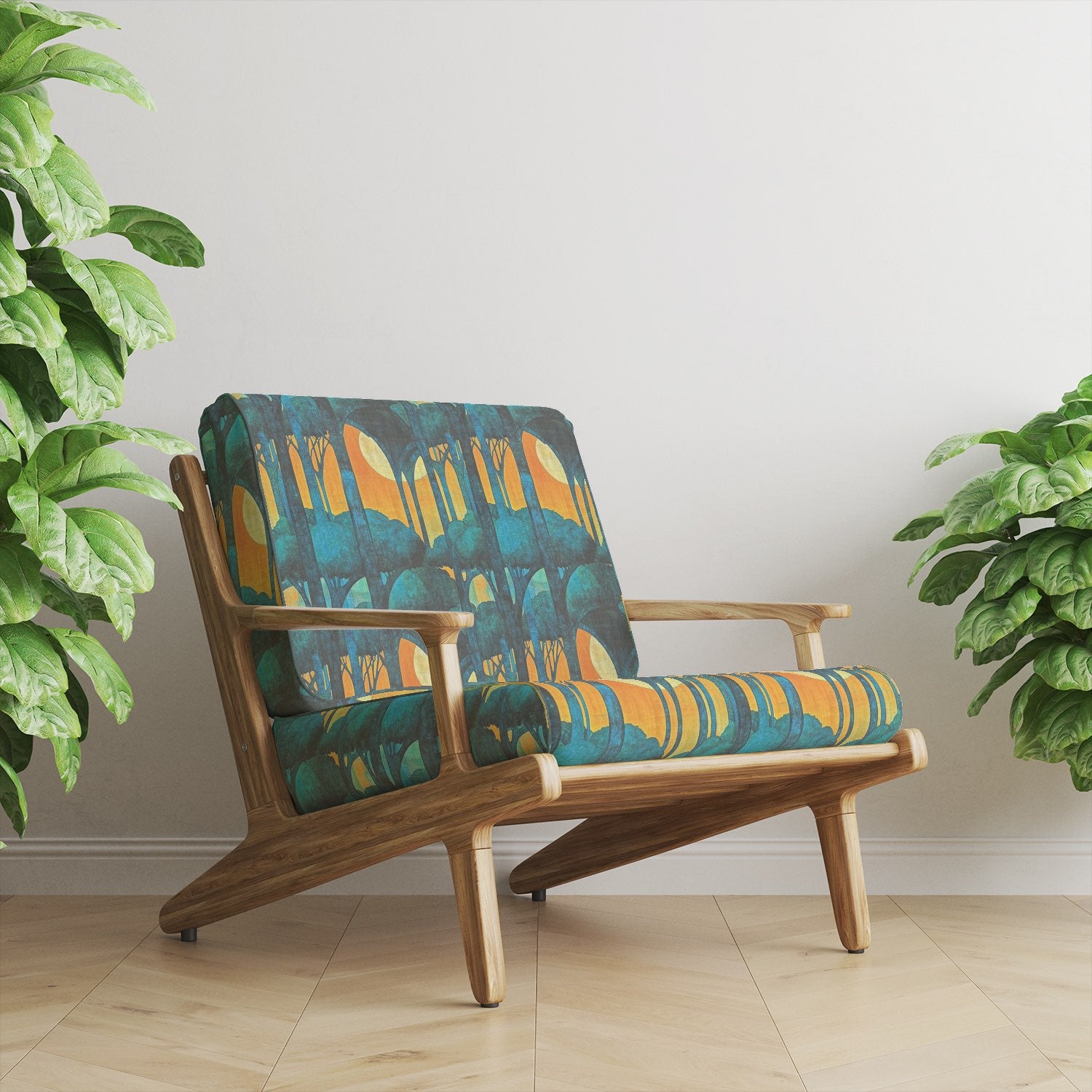 Armchair upholstered in Figueres No.7 upholstery fabric – moody forest design in teal and ochre