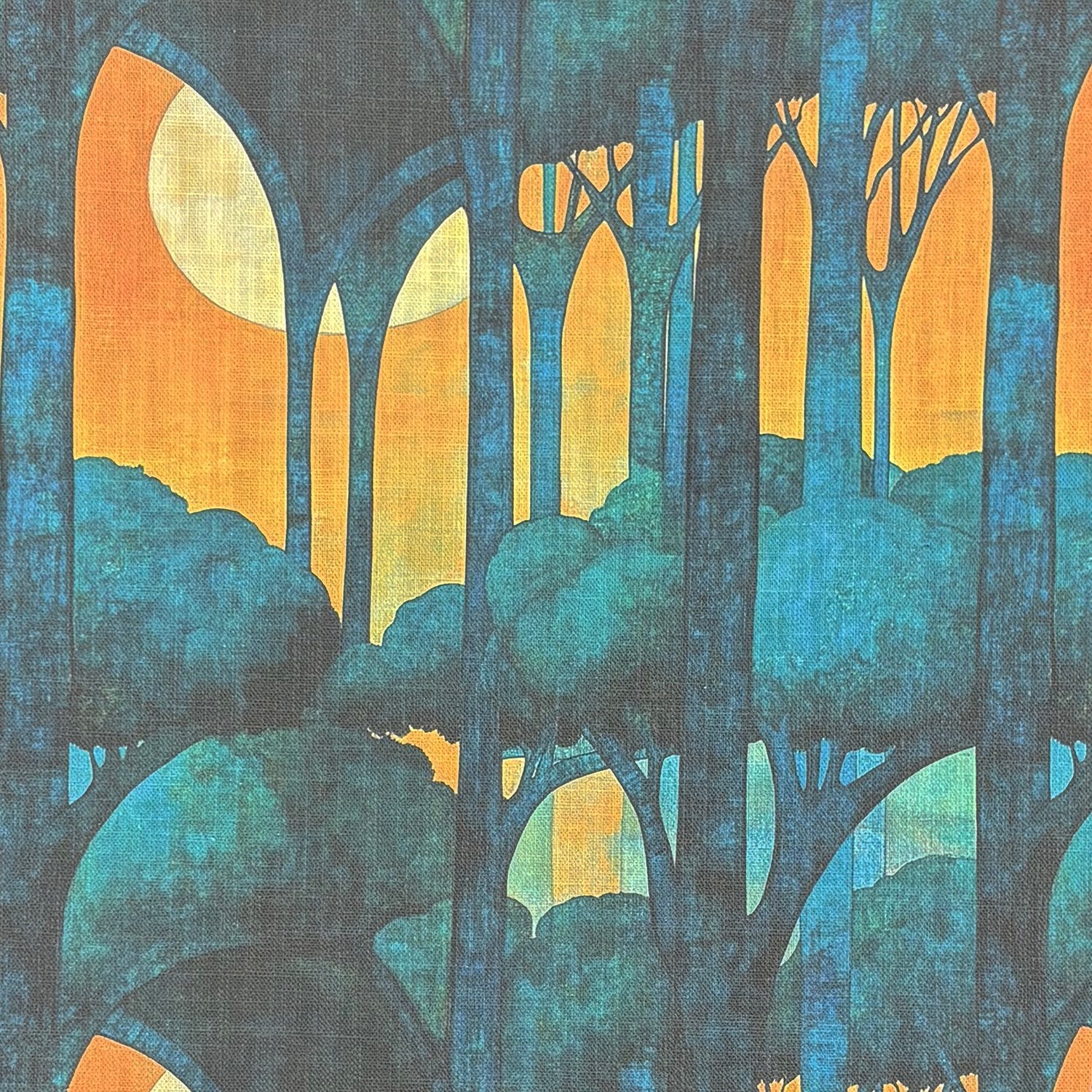 Figueres No.7 upholstery fabric swatch – surreal teal and amber woodland pattern