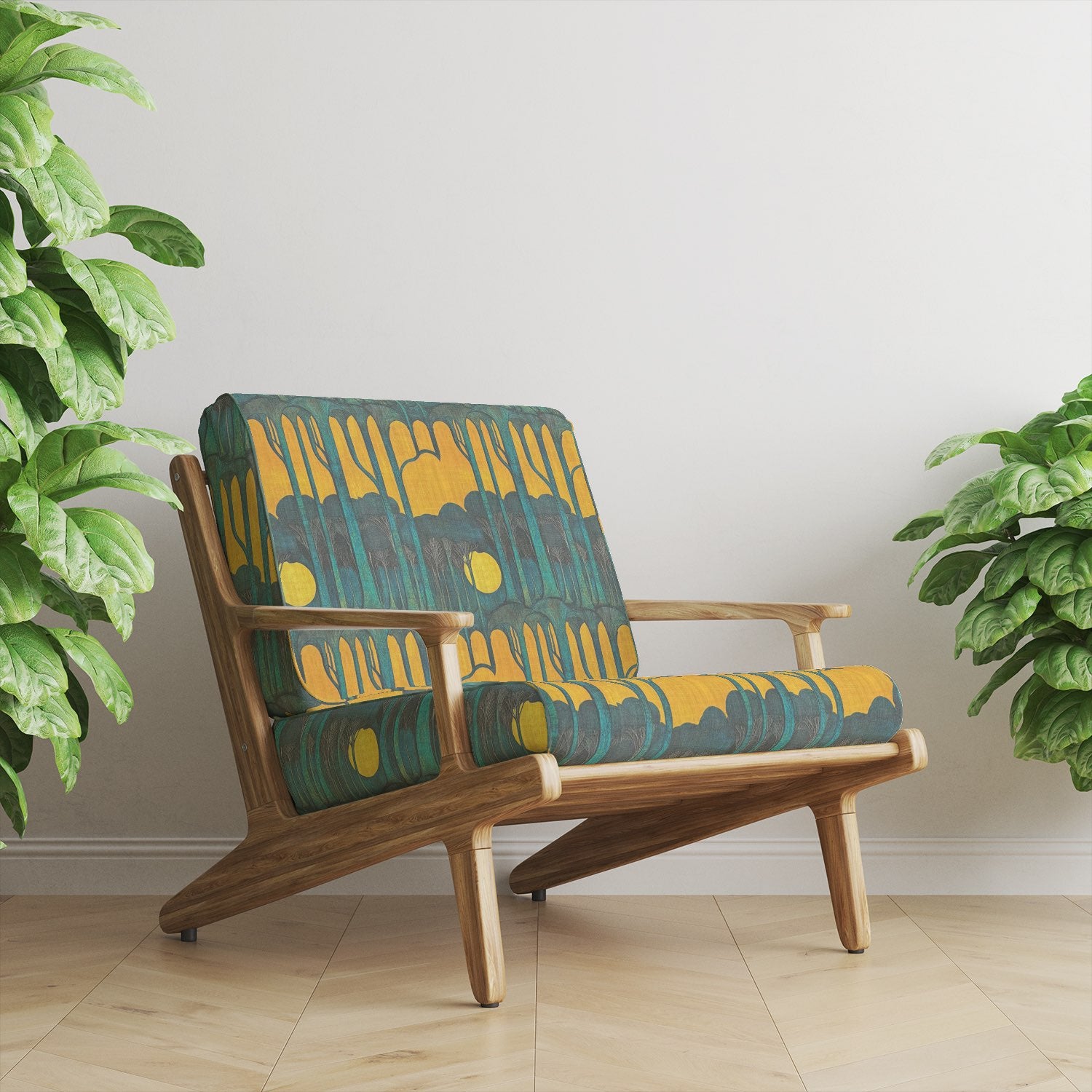 Chair upholstered in Figueres No.8 multicoloured upholstery fabric with ochre sky and forest silhouette