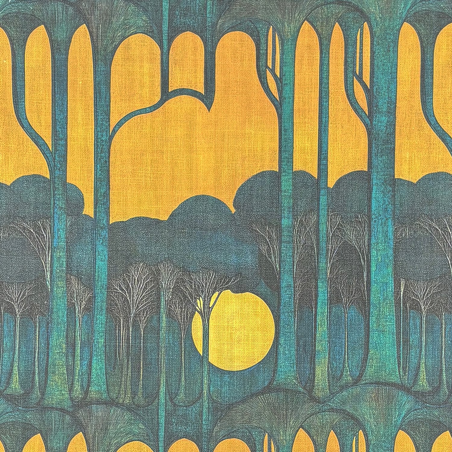 Chair upholstered in Figueres No.8 multicoloured upholstery fabric with ochre sky and forest silhouette