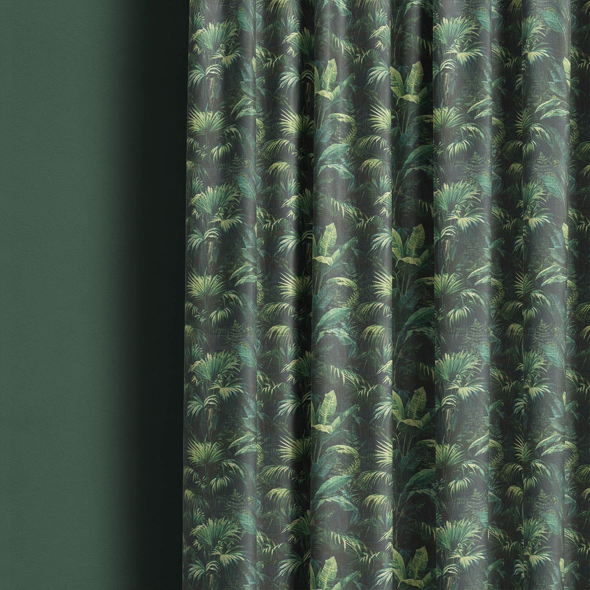 Foliage Leaf No.10 green palm leaf fabric displayed as full length curtains