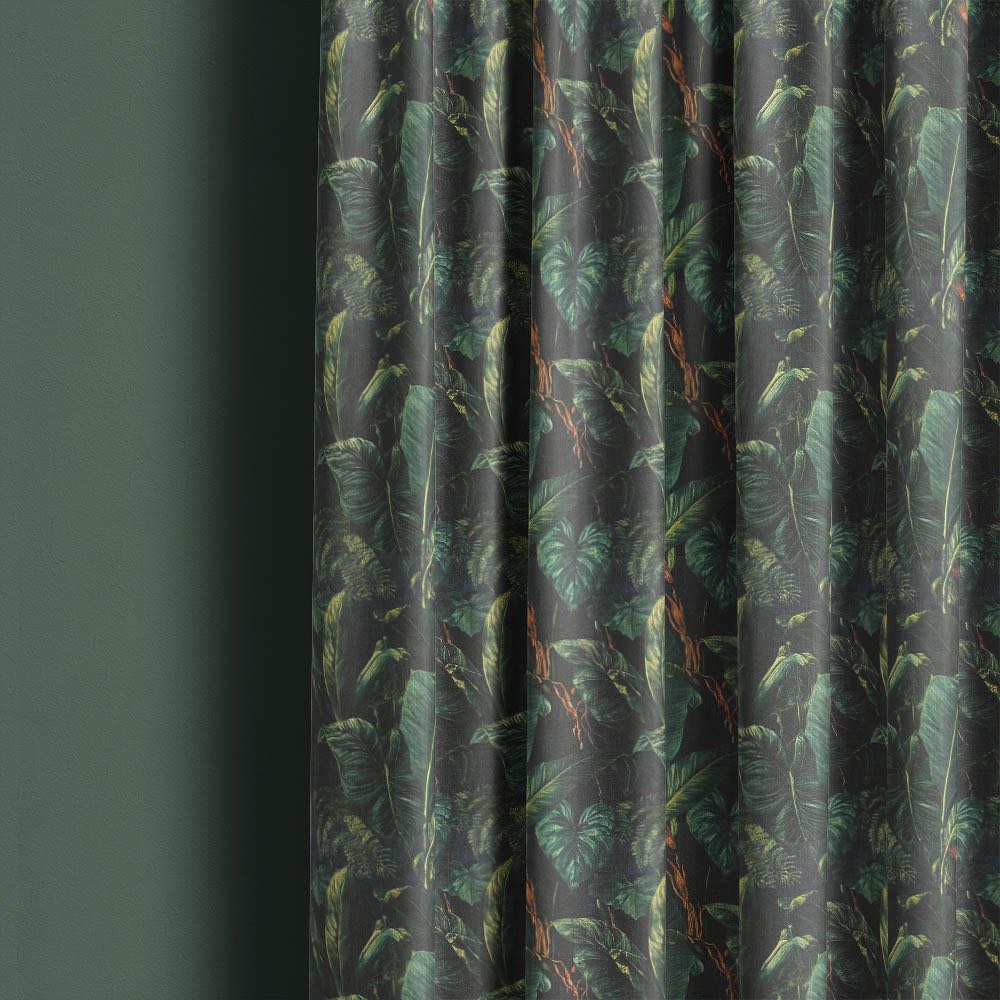 Foliage Leaf No.11 dark green tropical leaf fabric styled as curtains
