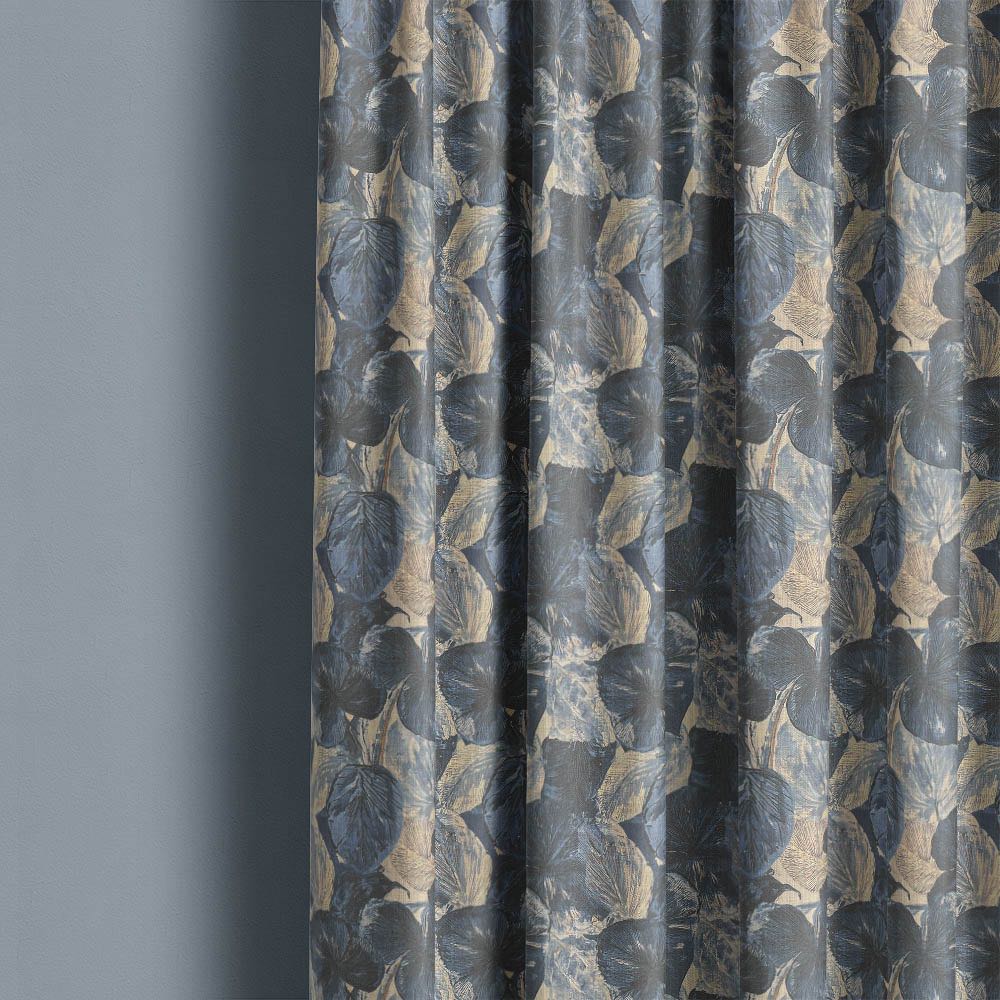 Foliage Leaf No.13 blue grey botanical fabric shown as full length curtains