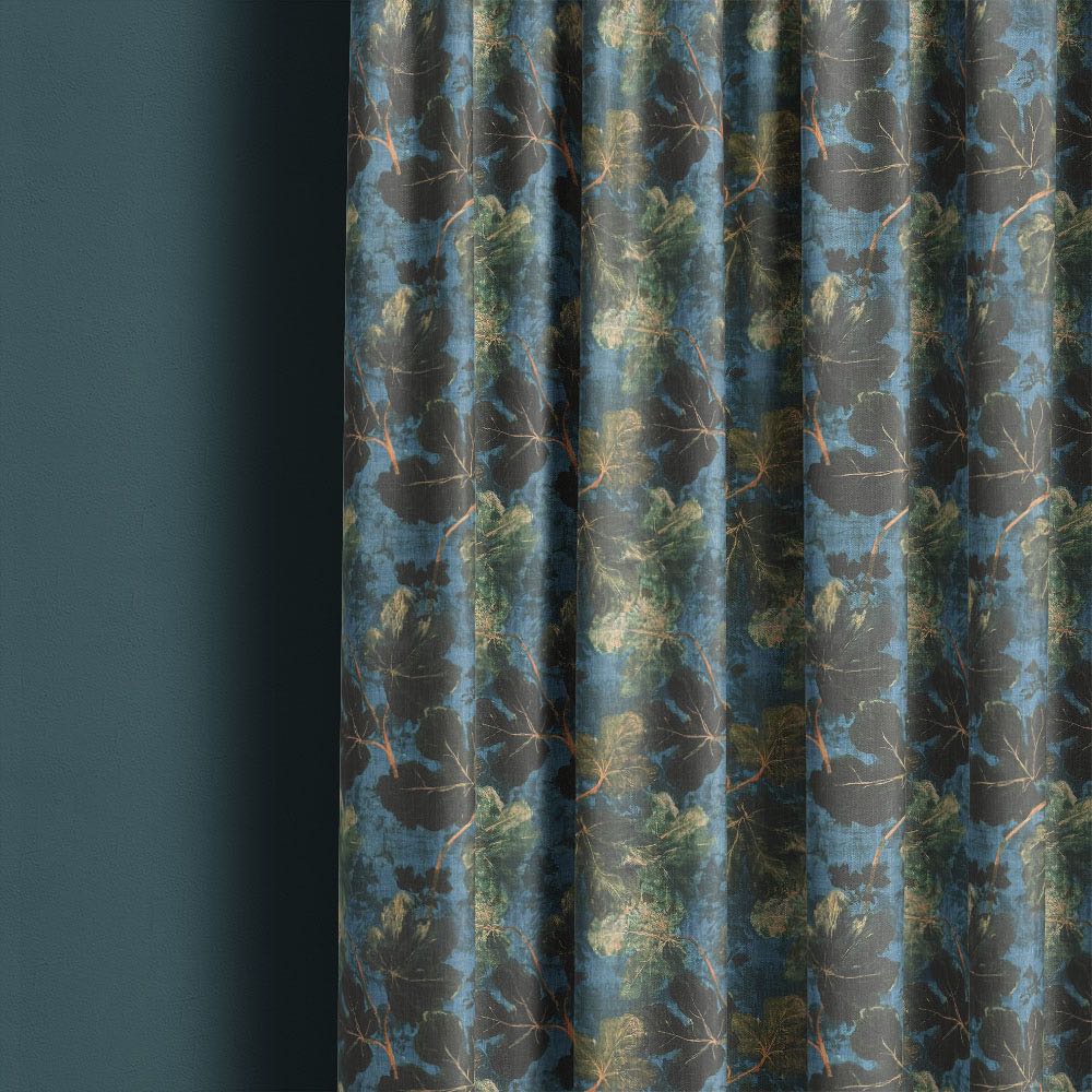 Foliage Leaf No.1 blue and green botanical fabric styled as full-length curtains