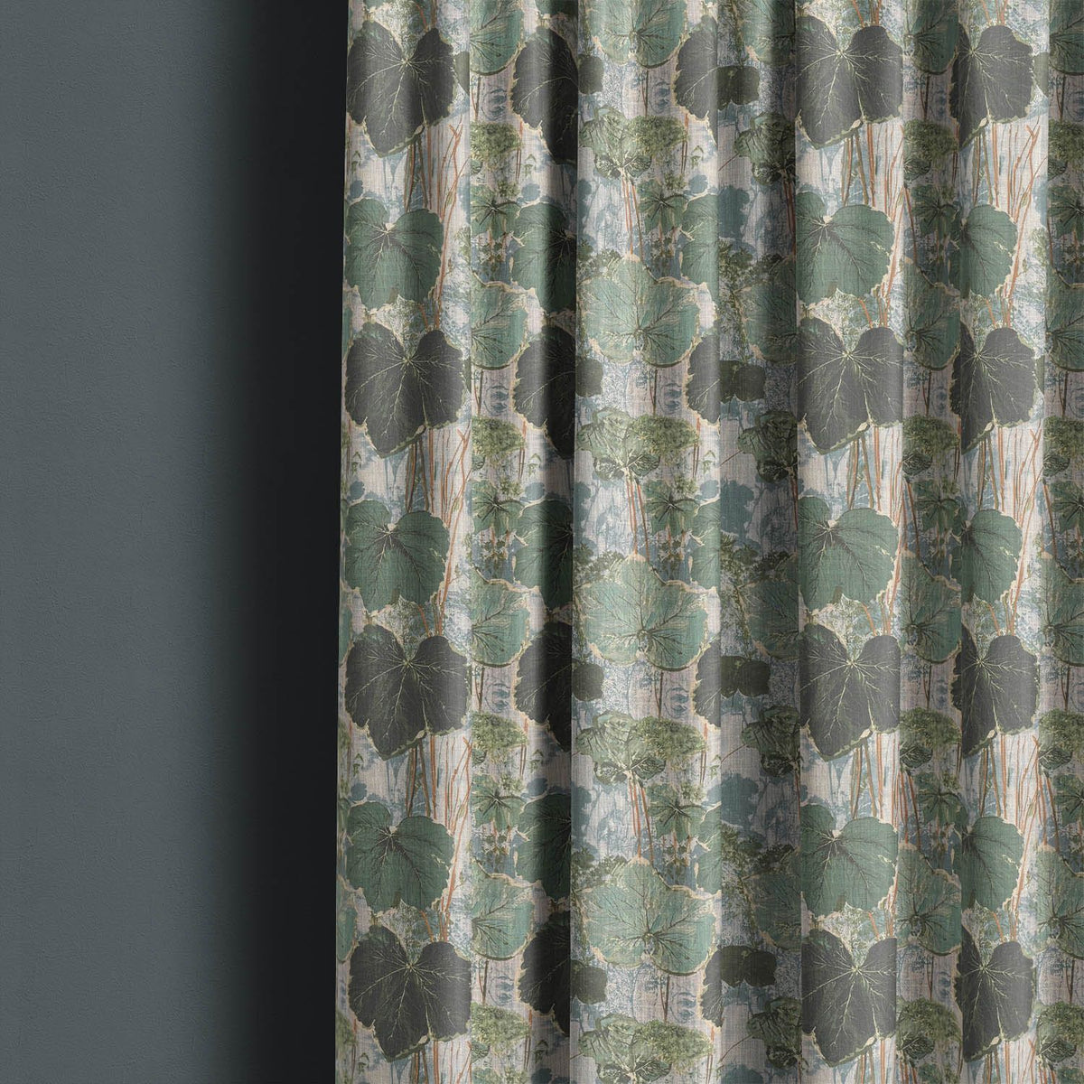 Foliage Leaf No.2 sage green leaf fabric styled as full length curtains