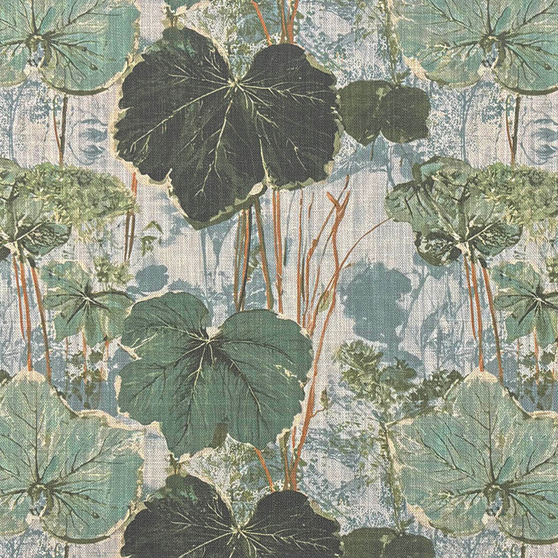 Sage green leaf upholstery fabric with charcoal foliage on a pale neutral ground - Foliage Leaf No.2