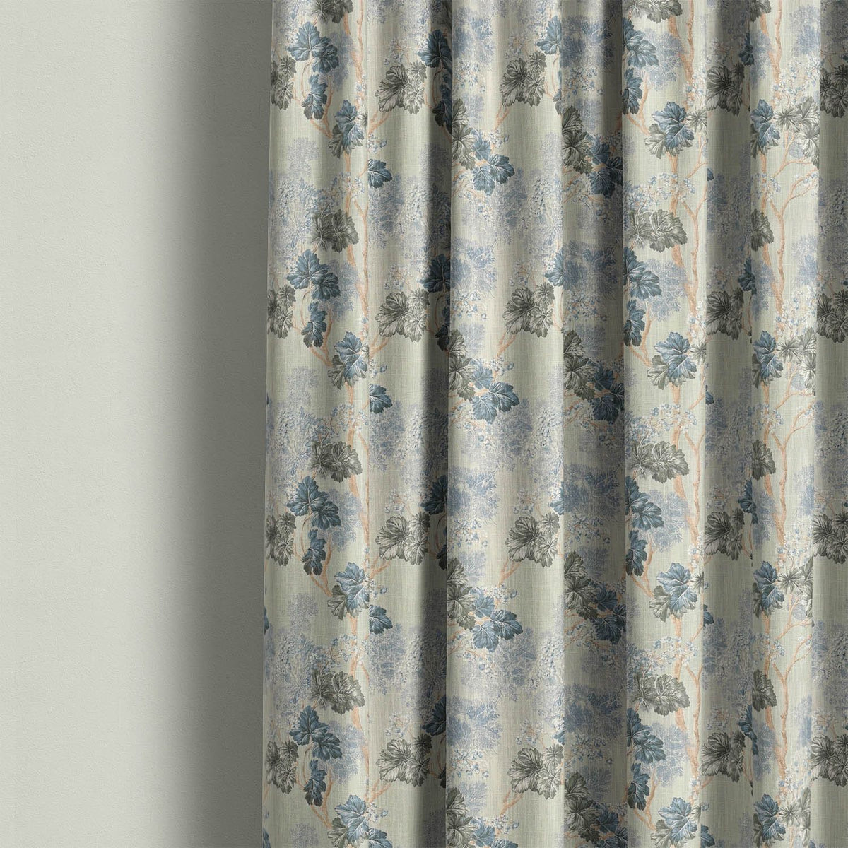 Foliage Leaf No.4 blue grey leaf fabric shown as full length curtains