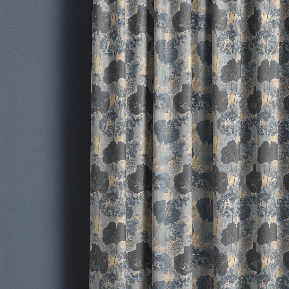 Foliage Leaf No.5 navy leaf fabric displayed as sophisticated curtains