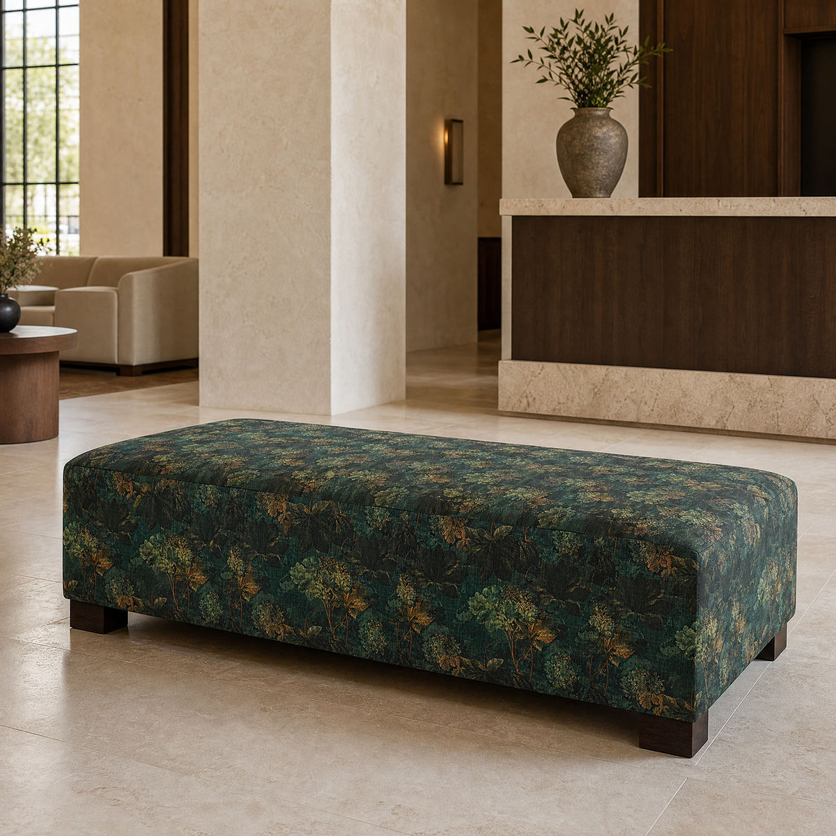 Foliage Leaf No.6 dark green leaf upholstery fabric styled on an upholstered bench
