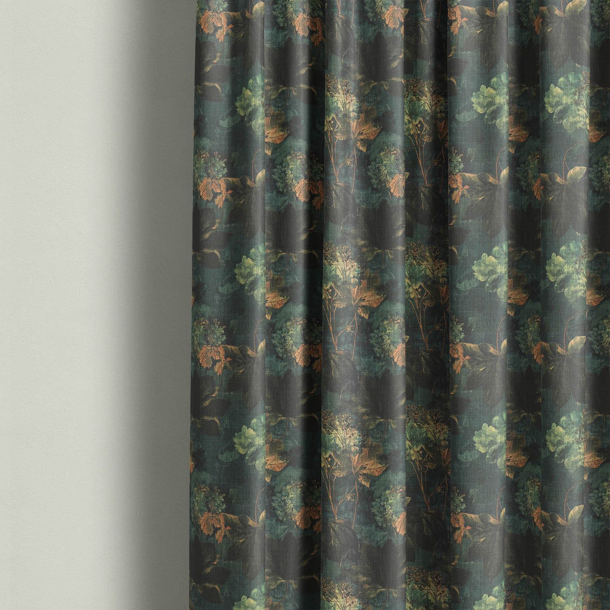 Foliage Leaf No.6 dark green botanical fabric displayed as curtains