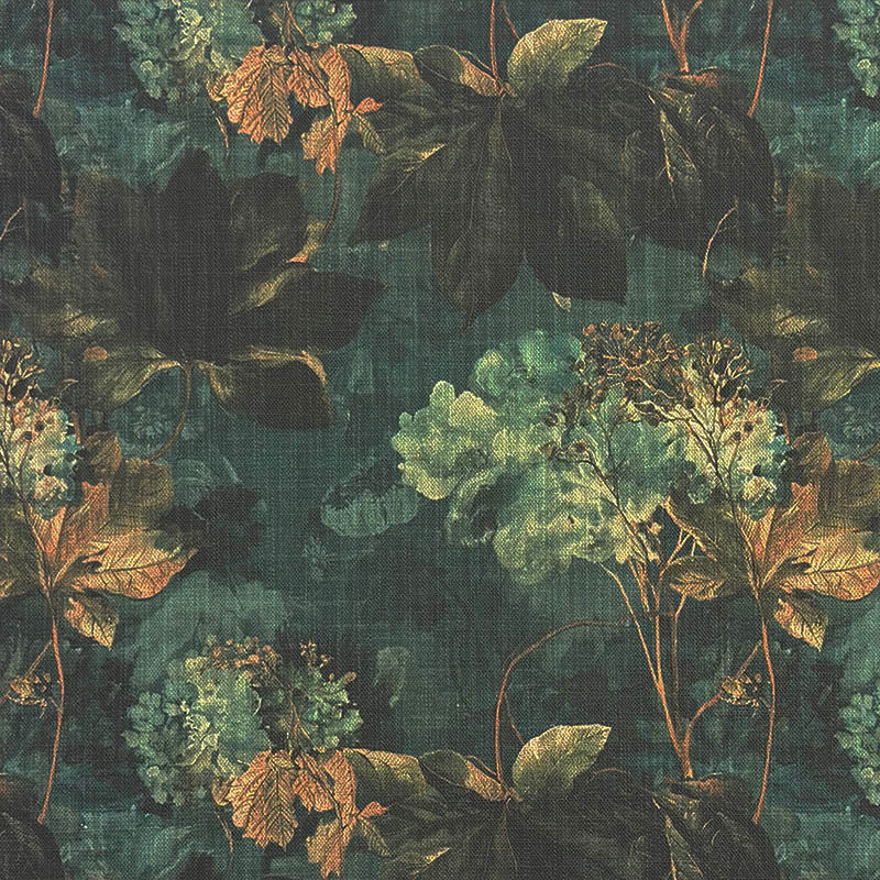 Dark green botanical upholstery fabric with bronze and russet leaf details - Foliage Leaf No.6