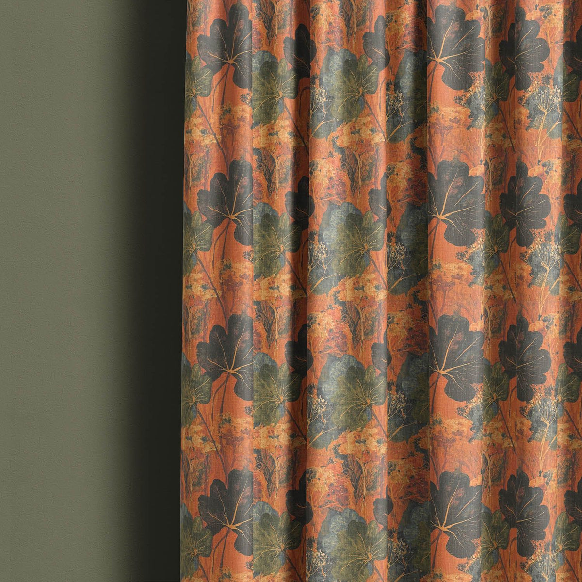 Foliage Leaf No.7 burnt orange leaf fabric styled as full length curtains