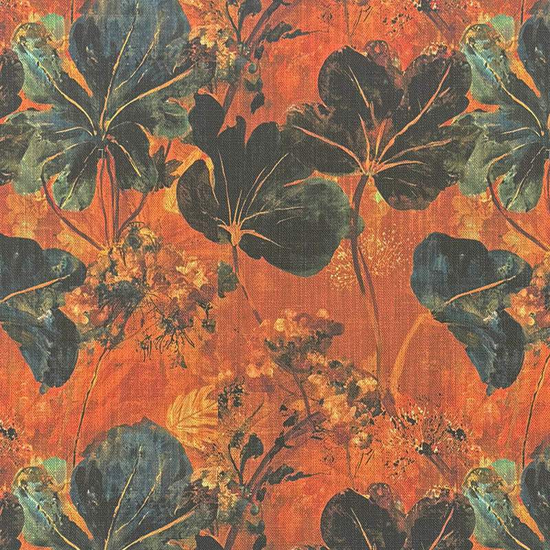Terracotta botanical upholstery fabric with deep teal curving leaves - Foliage Leaf No.8
