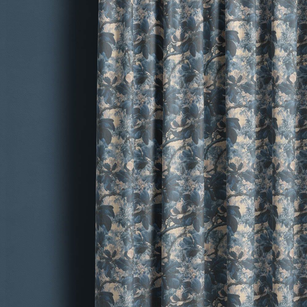 Foliage Leaf No.9 blue botanical fabric styled as refined curtains