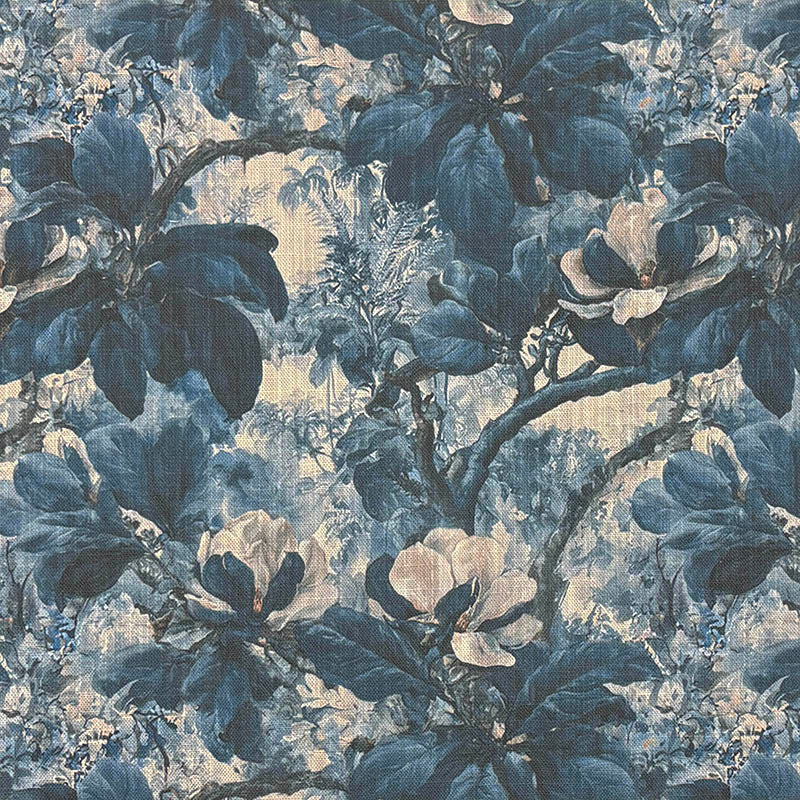 Blue floral botanical upholstery fabric with painterly magnolia branches on neutral - Foliage Leaf No.9