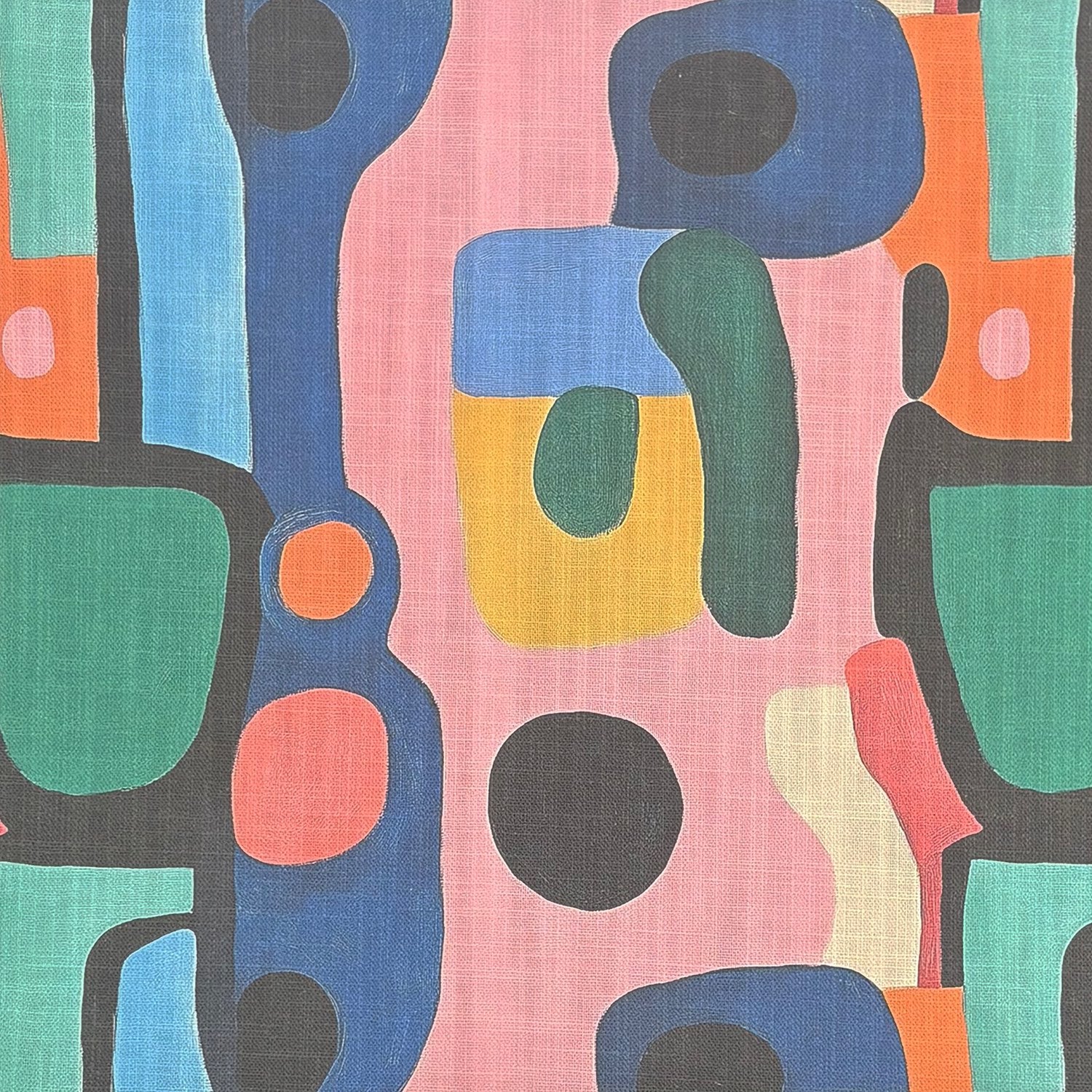 Fresco No.14 multicoloured pastel curtain fabric with abstract geometric shapes in pink, teal, mustard and navy on linen-look basecloth